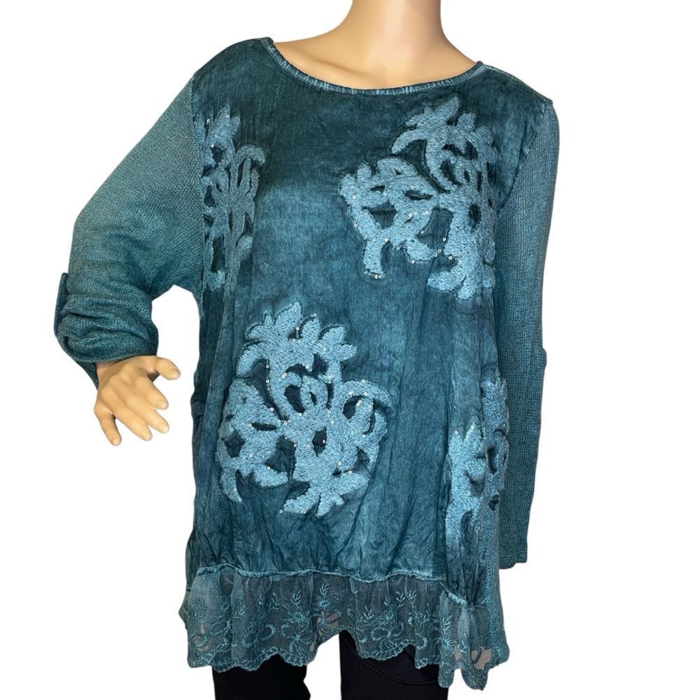 Vintage Belle France Silk Blend Layered Long Sleeve Blouse Teal Green Size XL